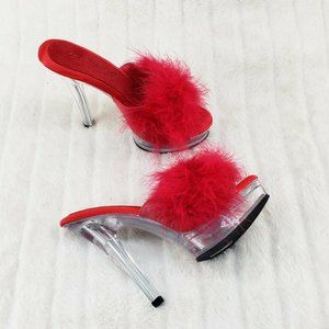 Majesty 501 Marabou Feather Slip On Platform Sandals 6" Stiletto Heel Shoes Red